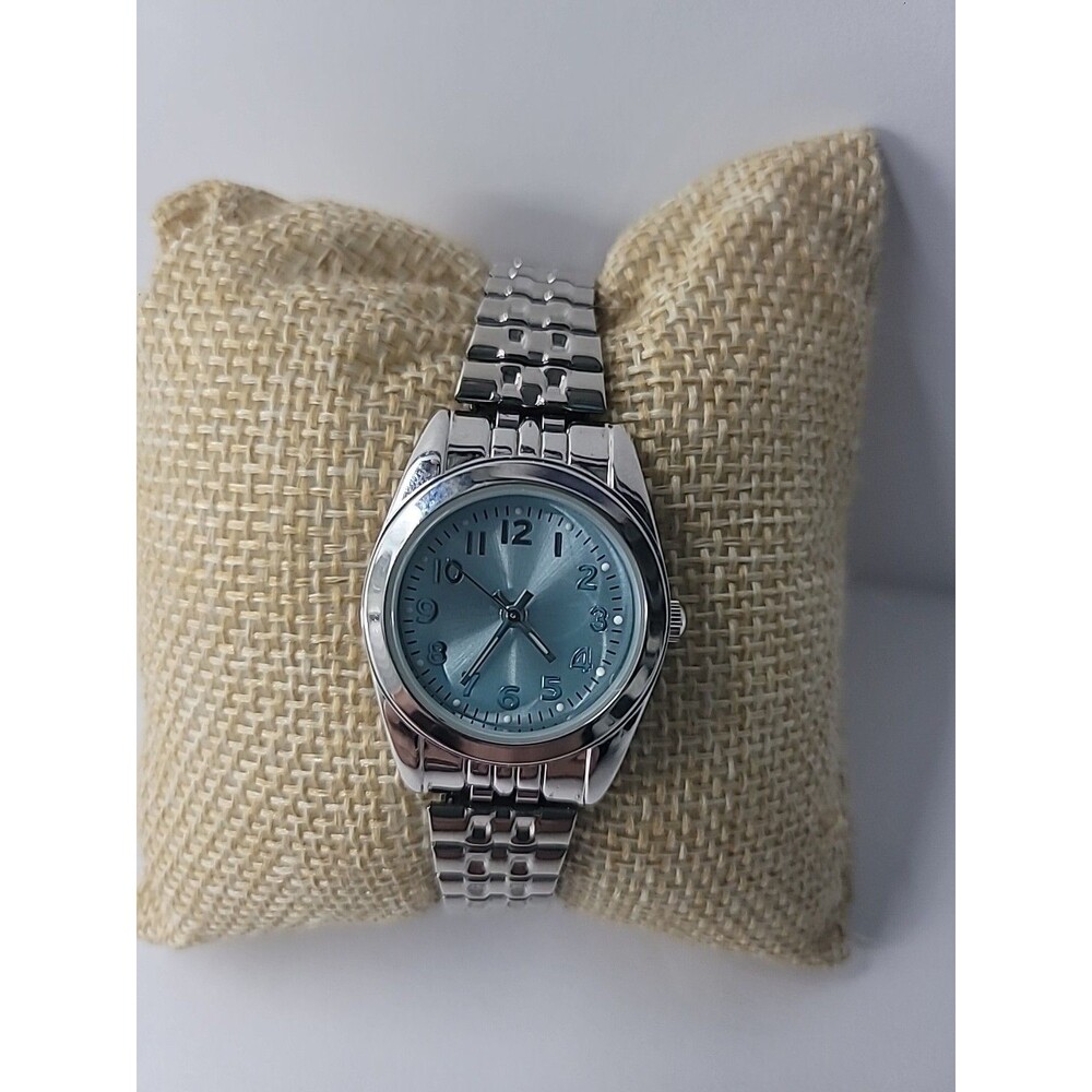 Vintage Silver Tone Analog Wristwatch Blue Dial Expansion Band Women's - Picture 3 of 13